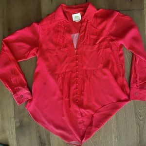 Long sleeve red blouse with polka-dots